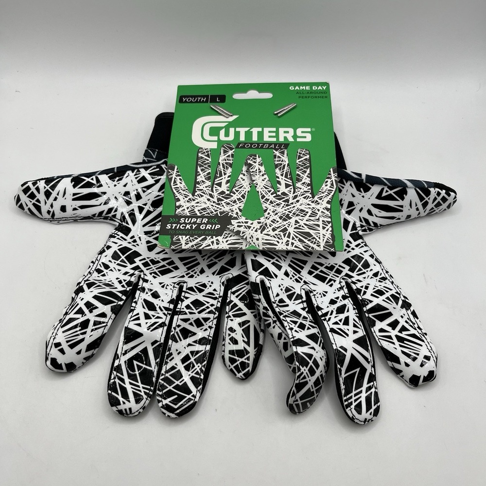 Cutters Game Day Receiver Gloves Youth Large Black White Super Sticky Grip